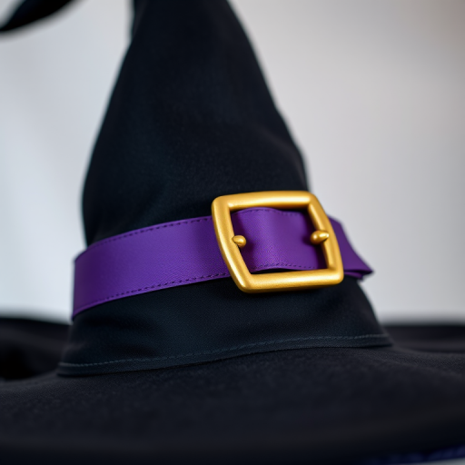 Create a high-resolution image of a classic black witch hat with a purple band and golden buckle, captured using a DSLR camera, f-stop 2.8, ISO 100, focal length 50mm, with a shallow depth of field to enhance the hat's details against a softly blurred background.