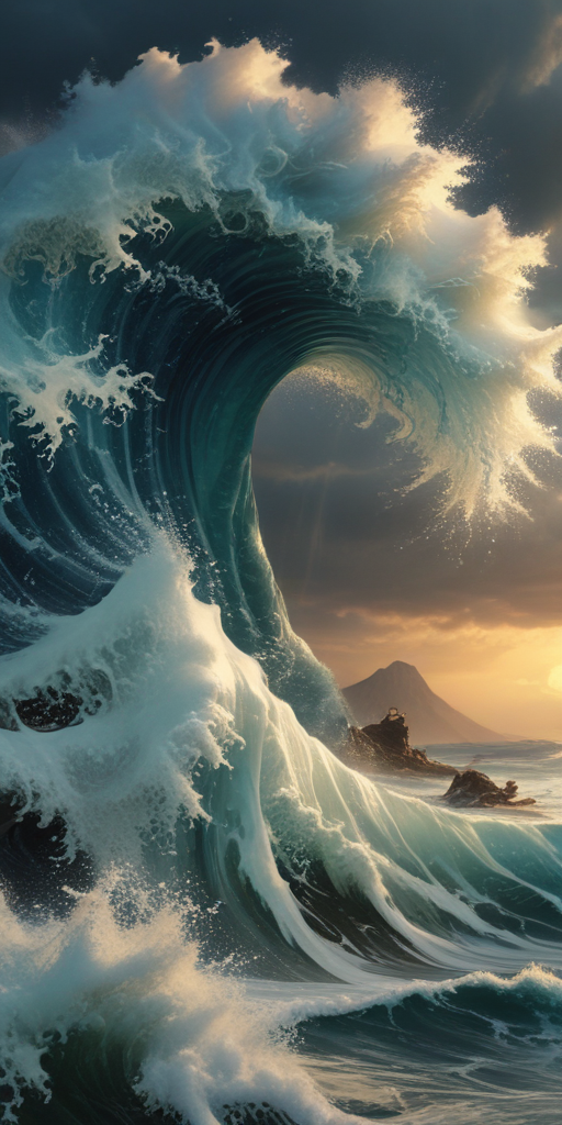 Majestic Ocean Wave Crashing Against Rocky Shore at Sunset