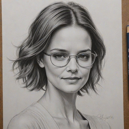 Stunning Katie Holmes, pencil sketch, portrait of Captivating woman 1924s in glasses, hair style beatnik, outline, clear lines, fine lines, 8k