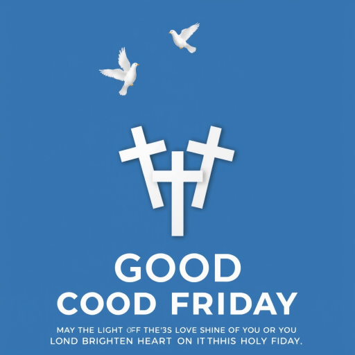 Create an image featuring three white crosses on a blue background with two doves above them, include the text "GOOD FRIDAY" in bold white font at the bottom along with the message "MAY THE LIGHT OF THE LORD'S LOVE SHINE ON YOU AND BRIGHTEN YOUR HEART ON THIS HOLY DAY," captured with a DSLR camera at f/2.8, ISO 100, 50mm lens, in a minimalistic style and a centered composition to enhance clarity and detail.