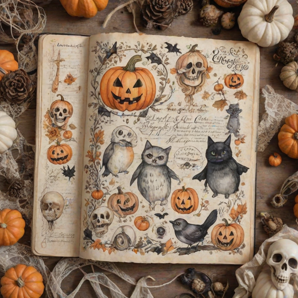 Design a detailed watercolor, vintage-inspired Halloween-themed imagery for a cottagecore junk journal. The design features a spooky yet shabby chic aesthetic with handwritten elements in faded ink, showing slight wear. Include pumpkins, cute ghosts, and adorable skulls alongside autumn florals, all rendered in soft pastel colors like pale orange, cream, and black for accents. The imagery has a slight worn or parchment texture, creating a nostalgic feel. The high-resolution image has no blur, contrast, or grainy textures, and is filled with intricate details in 8k definition.