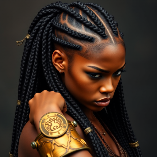 Fierce warrior woman sporting tight cornrow braids leading into long box braids, accented with golden cuffs and metallic thread