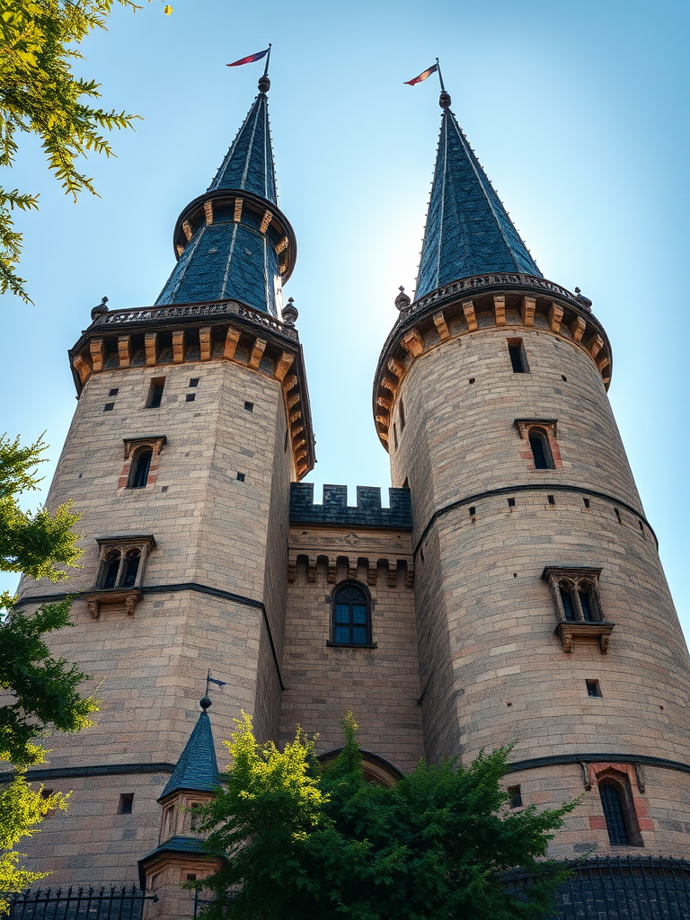 highly detailed medieval tower, captured in bright daylight, 24mm lens, f/8 aperture, ISO 100, HDR photography, 4K resolution, wide angle view, DSLR camera
