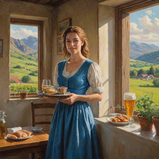 In "A Glass of Beer on the Highland," a serene scene is depicted in a sunlit room where a woman in a vibrant blue dress stands by a large window. She holds a tray with a hearty meal and a frothy glass of beer, embodying a moment of relaxation. Outside, the breathtaking highland landscape features rolling green hills and a charming traditional house, all bathed in warm afternoon light. The interior is adorned with potted plants, creating a harmonious blend of comfort and nature. The painting beautifully captures the tranquility and joy found in simple pleasures amidst stunning scenery