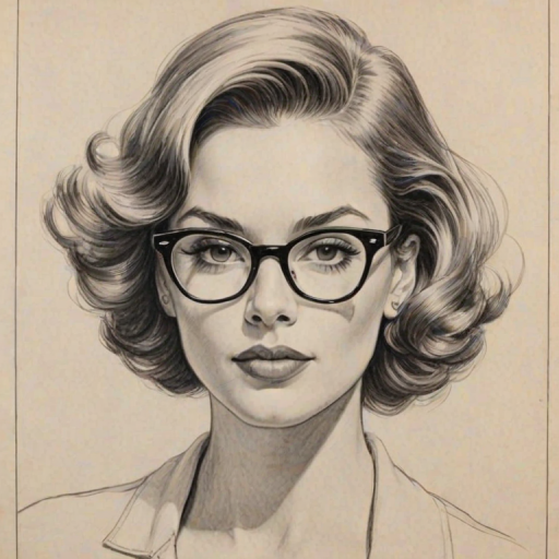 Exquisite Elle Duncan, pencil sketch, portrait of Alluring woman 1955s in glasses, hair style beatnik, outline, clear lines, fine lines, 8k