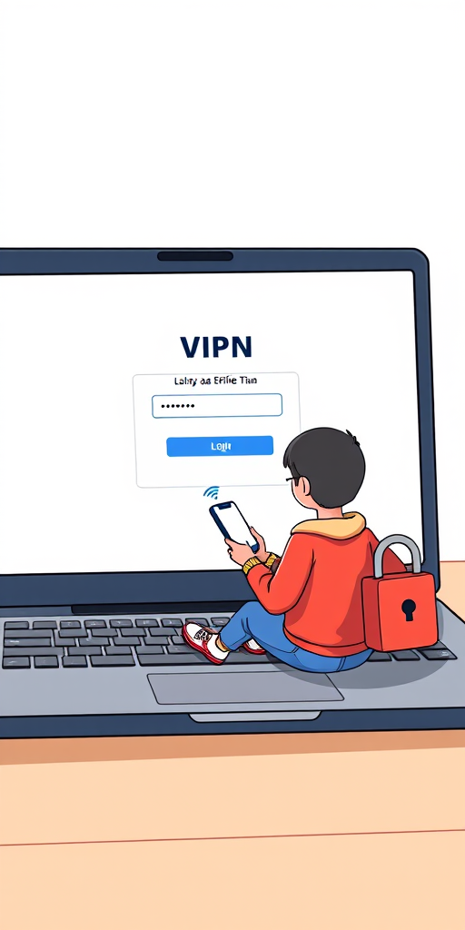 Create an illustration of a laptop displaying a VPN interface with a login prompt, alongside an animated character sitting on the laptop, holding a smartphone, incorporating elements like a Wi-Fi symbol and a padlock, shot with a DSLR camera, 50mm lens, f/2.8 aperture, natural lighting, high-quality vector style.