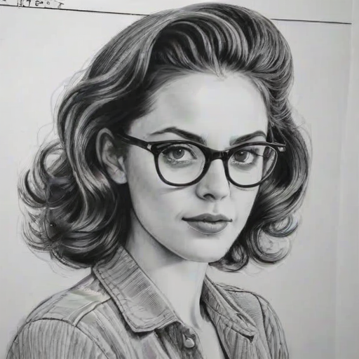 Splendid Kaya Scodelario, pencil sketch, portrait of Stunning woman 1940s in glasses, hair style beatnik, outline, clear lines, fine lines, 8k