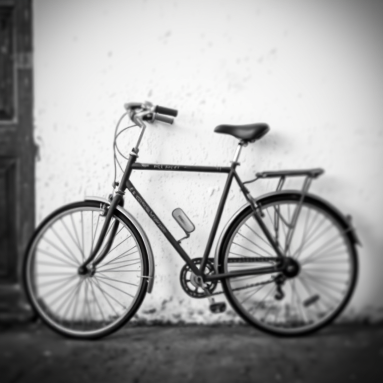 photograph of a vintage bicycle leaning against a white textured wall in black and white, natural light, shallow depth of field, ISO 100, f/2.8, 50mm lens, DSLR camera, soft focus background
