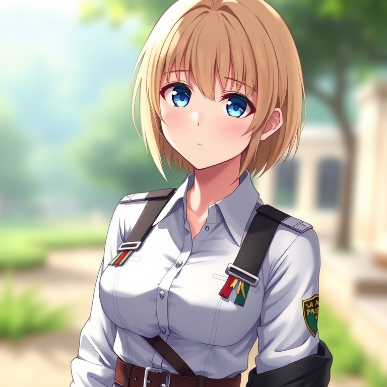 i want the whole image to be created in 3D anime style, 1girl, solo, breasts, looking at viewer, short hair, bangs, blue eyes, blonde hair, shirt, long sleeves, closed mouth, jacket, white shirt, upper body, outdoors, collared shirt, belt, blurry, uniform, blurry background, emblem, harness, paradis military uniform, chest harness