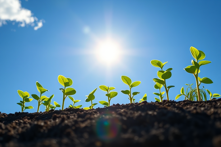 Generate a vibrant illustration of seedlings growing towards a bright sun in a blue sky, with lush green leaves and a textured soil foreground, using a DSLR camera with a 50mm lens at f/2.8, 1/1000 sec shutter speed, and ISO 100 for optimal clarity and depth of field.