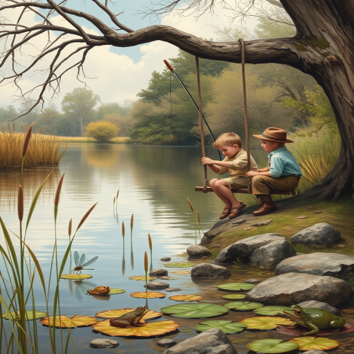 Imagine a small group of old fashioned young boys out fishing by the creek, a swing hanging from a tree branch, reeds and grasses by the water's edge, a frog sitting on a lily pad, dragonflies hovering over som water plans, a very iconic old fashioned scene reminiscent of a Norman Rockwell painting style