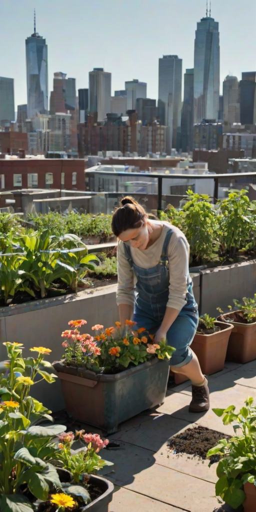 Quiet rooftop garden, with plants and flowers in full bloom, a woman in overalls kneels by a planter, her hands dirty from tending to the soil as the city skyline stretches out behind her.