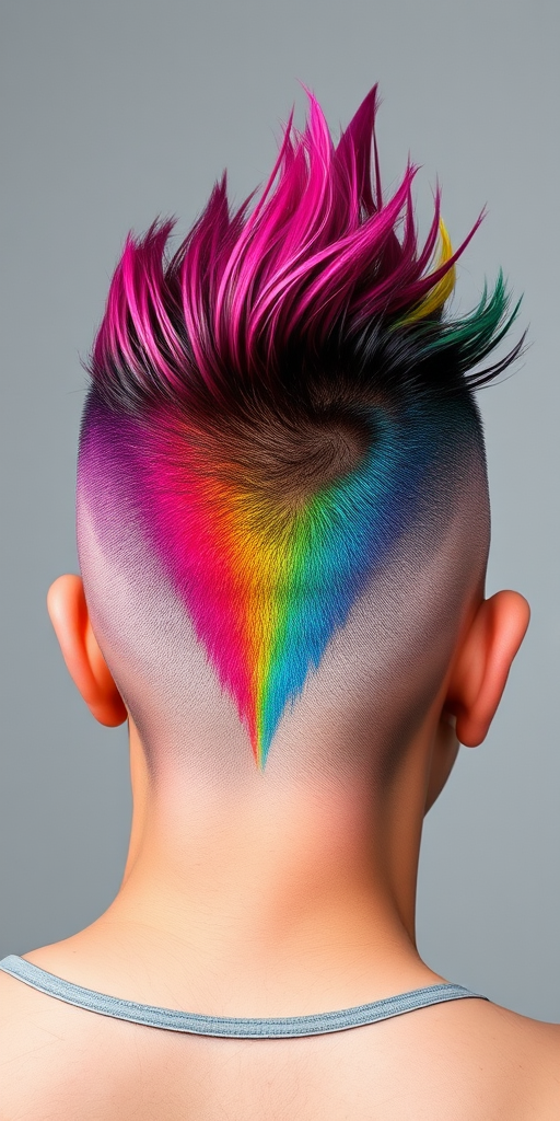 Punk-inspired hair style exhibiting a mohawk with shaved sides and a vibrant rainbow spectrum of colors through the longer center section