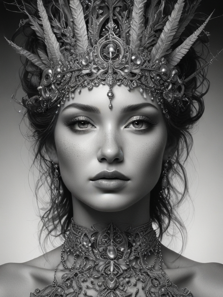 Stunning Black and White Portrait of a Regal Woman with Ornate Headpiece