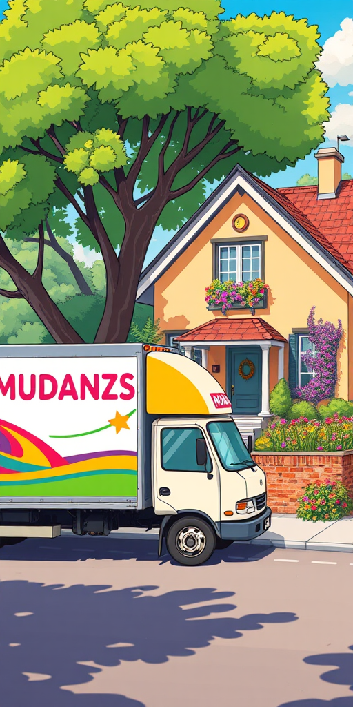 Create a vibrant cartoon-style illustration of a moving truck with the word "MUDANZAS" on its side, parked on a sunny street in front of a charming house surrounded by colorful flowers and lush trees, using a DSLR camera with a wide-angle lens at f/8, ISO 100, and a resolution of 300 DPI for enhanced image quality.