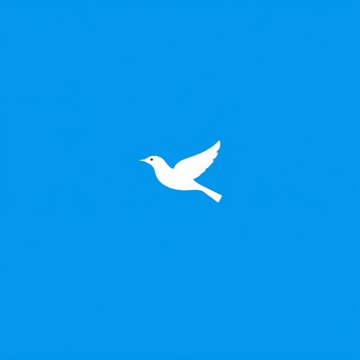 Generate a high-resolution image of a minimalist white bird logo on a vibrant blue background, using a DSLR camera, f/2.8 aperture, ISO 100, 50mm lens, with a shallow depth of field and soft focus style.