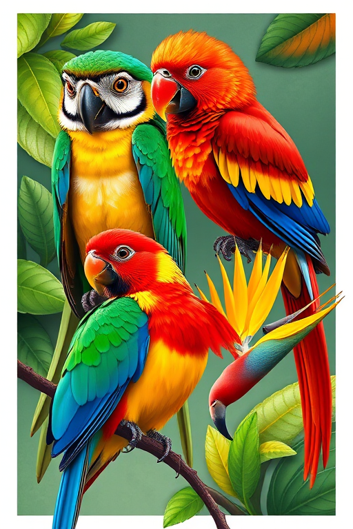 Regenerate an illustration of four exotic birds including an owl parrot, paradise tanager, quetzal, and red bird of paradise with vibrant colors and detailed backgrounds, use a DSLR camera with a 50mm lens at f/1.8, 1/125s shutter speed, ISO 100, shot from a slightly elevated angle to enhance depth and clarity.