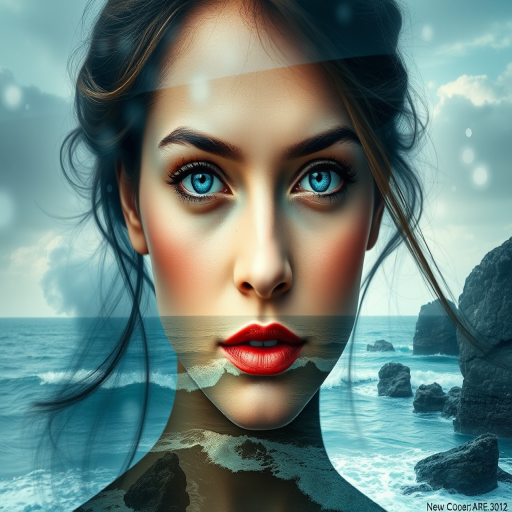 create Book cover, A surreal double exposure portrait that blends a woman's face with a beautiful seascape. The overall mood is dreamy and mystical, with rich colors and intricate details
