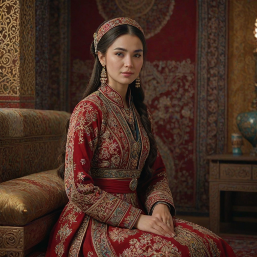 A beautiful Turkmen woman in traditional East Asian attire, intricately detailed with embroidered patterns, sitting gracefully in a richly decorated room, soft ambient lighting, serene and elegant, ultra-realistic, 8K resolution