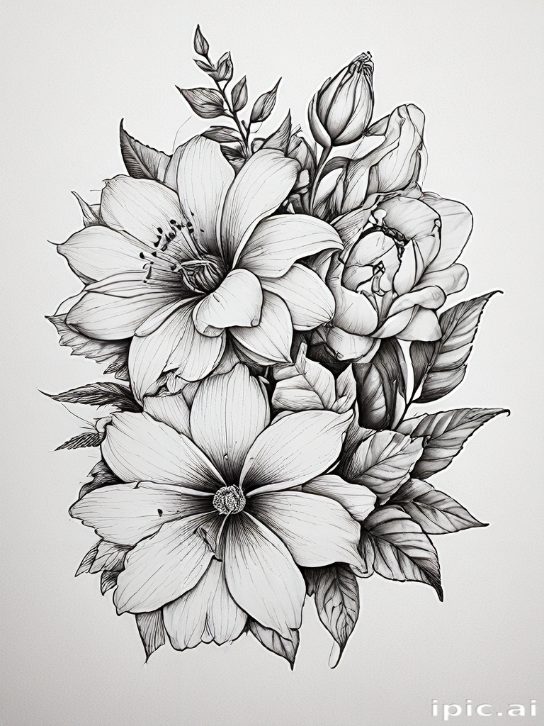 Intricate Black and White Floral Illustration with Diverse Blooming Flowers