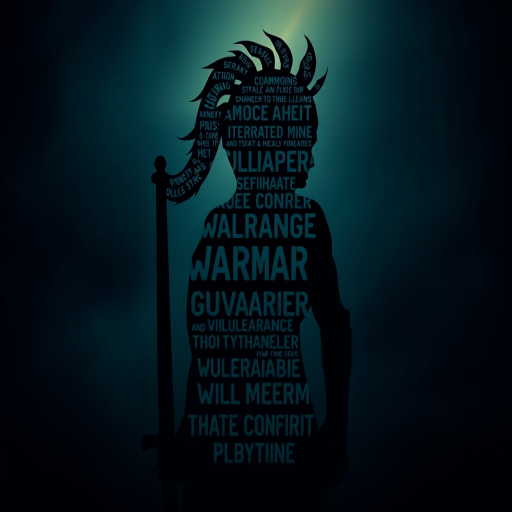 Create an image of a warrior silhouette made of words symbolizing vulnerability and strength, using a shallow depth of field, 50mm lens, f/1.8 aperture, low angle view, vibrant color contrast, and high dynamic range for enhanced visual depth.