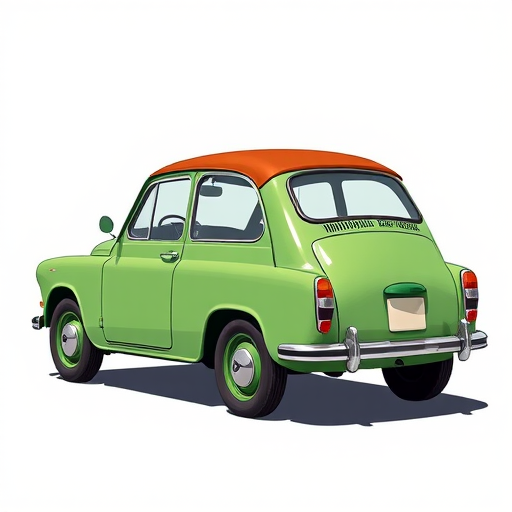 Create a high-resolution vector illustration of a vintage green car with a brown roof, captured in a side view using a DSLR camera at f/8 aperture, 50mm lens, ISO 100, in soft natural lighting for a clean and vibrant look.