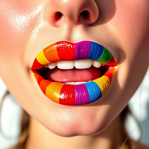 Playful rainbow lips featuring a spectrum of vibrant colors, artfully blended to create a whimsical and eye-catching look, photographed in bright, cheerful lighting