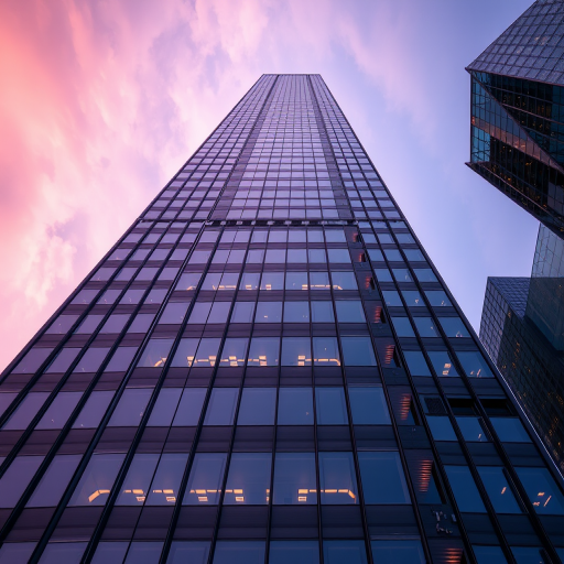 high-angle shot of a modern skyscraper with reflective glass windows during twilight, ISO 100, f/8, 1/200s, HDR photography, wide-angle lens, DSLR camera