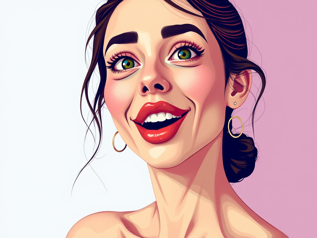 Create a high-resolution illustration of a woman with a playful expression, featuring vibrant colors and exaggerated facial features, using a digital art style, with a focus on clean lines and bold shapes, shot with a Canon EOS R5 at f/2.8, ISO 100, in portrait orientation.