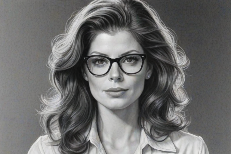 Captivating Debra Messing, pencil sketch, portrait of Exquisite woman 1976s in glasses, hair style beatnik, outline, clear lines, fine lines, 8k