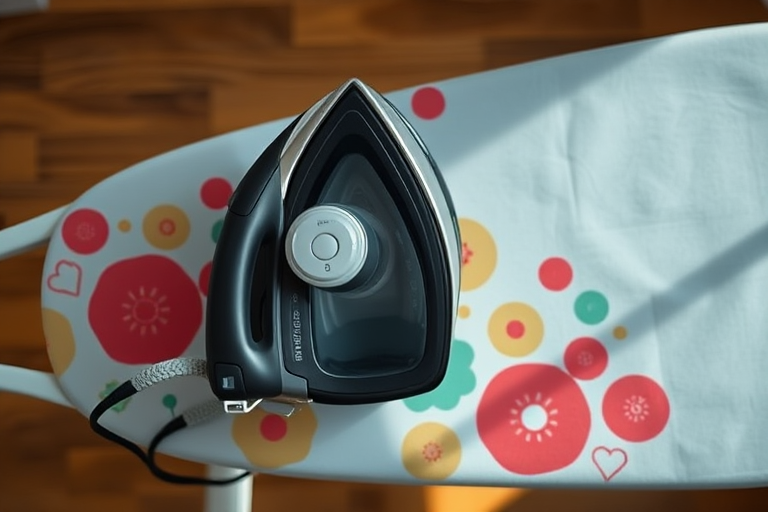 Create a high-resolution image of an iron and ironing board, using a DSLR camera with a 50mm lens, aperture f/5.6, ISO 100, natural lighting, and a top-down view, ensuring crisp details and vibrant colors.