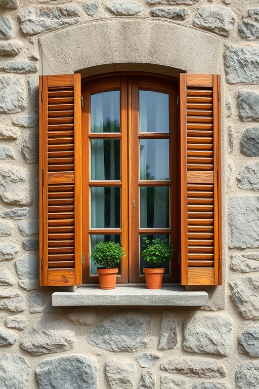 Capture a rustic window with wooden shutters on a textured stone wall, potted plants visible in the window, natural light, aperture f/8, shutter speed 1/125s, ISO 200, shot from a straight-on view using a DSLR camera.
