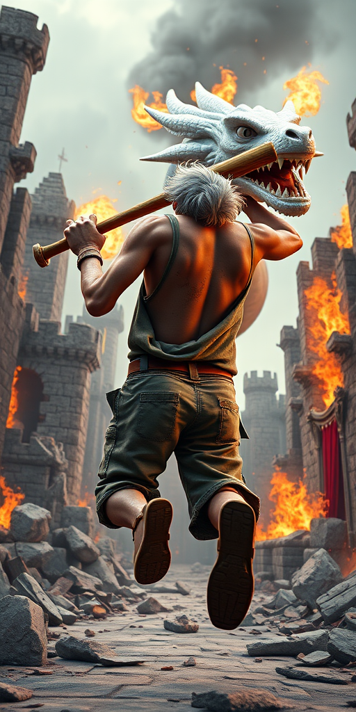 Cartoon 3D High-Resolution,dynamic battle scene using Unreal Engine 5 and Octane Render. The scene features back of an elderly, thai man with a beard,messy hair and round golden-rimmed glasses. He is wearing a tattered tank top with soot marks, shorts, and sandals. sweating. he wields a baseball bat. He jump to fight with a white fire-breathing Europe dragon amidst a partially destroyed stone castle. Include intense flames, smoke, and debris to enhance the dramatic effect.