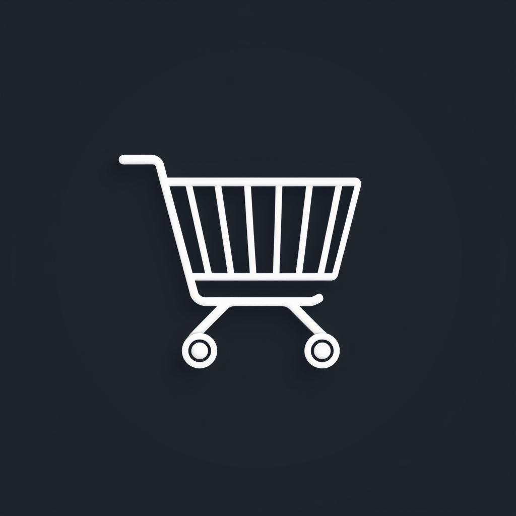 Create a high-resolution image of a shopping cart icon with a sleek minimalistic design, utilizing a 50mm lens, aperture f/1.8, ISO 100, shot in natural light with a focus on smooth lines and geometric shapes, captured on a DSLR camera from a straight-on view.