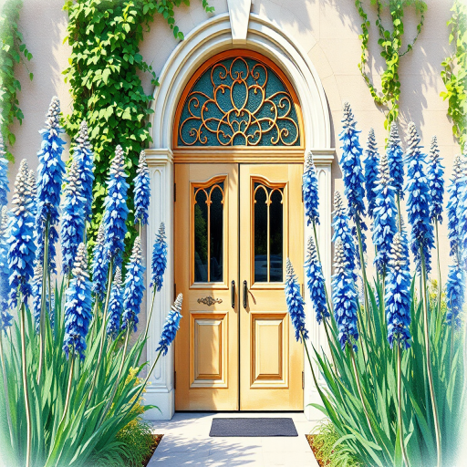 Create a vibrant watercolor artwork of a garden entrance with tall blue flowers surrounding an ornate, arched window, captured with a DSLR camera, 50mm lens, f/1.8 aperture, ISO 100, shot in natural light from a high angle to enhance details and colors.