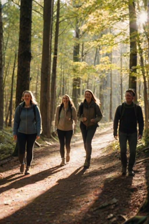 Blurry, candid shot of a group of friends hiking through a sunlit forest, laughter frozen in the moment, sunlight filtering through the trees, shadows stretching across the path, the sound of rustling leaves and distant birds chirping in the background.