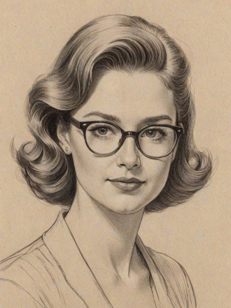 Appealing Sophie Bush, pencil sketch, portrait of Stunning woman 1949s in glasses, hair style beatnik, outline, clear lines, fine lines, 8k