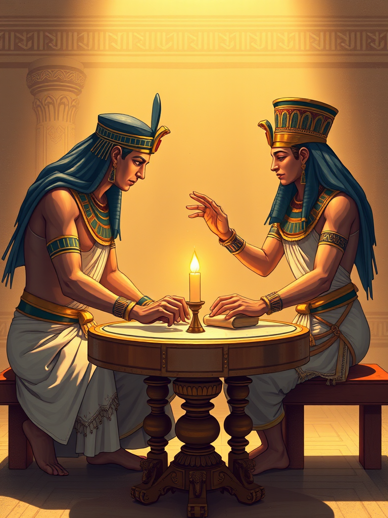 Create a high-resolution illustration of two ancient Egyptian figures performing an elaborate ceremonial practice around a table, using a DSLR camera with a 50mm lens, f/1.8 aperture, 1/200 shutter speed, in a well-lit studio setting, capturing a soft-focus background for depth.