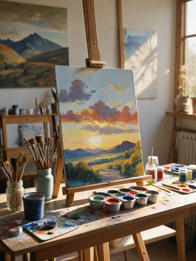 Close-up of a painter's easel in a sunlit studio, with a canvas featuring a vibrant landscape scene, brushes in jars, and paint tubes scattered across a wooden table.