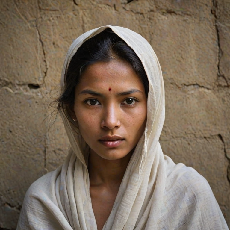 Create a close-up photographic image of a Nepali woman with light skin tones shown against an old, worn wall. Their head is wrapped in a white cloth covering (i.e.... parts of the head except the nose and mouth, which are open as if they are screaming...), with a slight texture and visible folds in the fabric. Thin strands of blonde hair escape from the wrapping above, falling lightly at the top and sides. Their hands hold the fabric as if they are tugging nervously. The lighting is dramatic and even, casting strong shadows. The image has a minimalist and surreal style with an emphasis on simplicity with soft color tones. The composition is centered.
