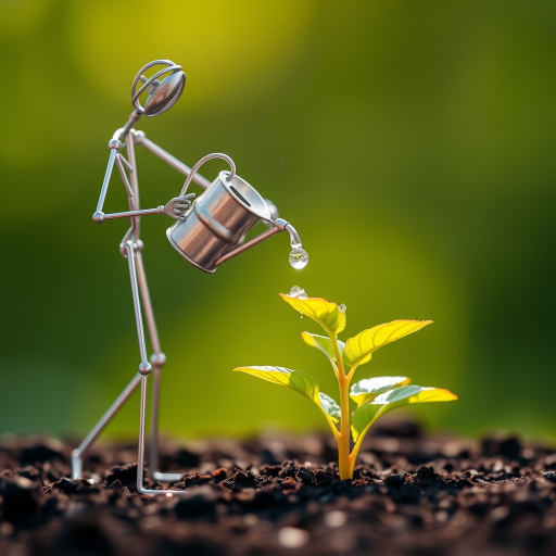 A metal figurine of a person, constructed from thin, silver rods, stands on the left side of the image, facing the viewer. The figurine is holding a small watering can and pouring water onto a young plant, with a few droplets in the air. The plant, with lush green leaves, is situated in the center, growing from dark soil. The background is a soft, out-of-focus blur of green, illuminated by warm, natural light.  The composition creates a sense of depth and intimacy. The image evokes feelings of growth, nurture, and hope.