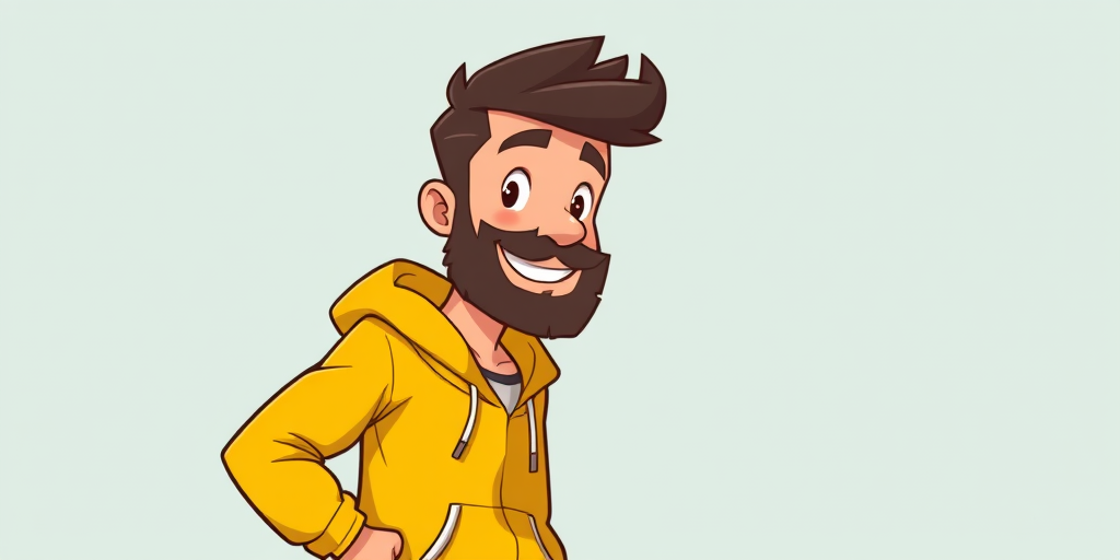 Create an illustration of a cartoon man with a beard wearing a yellow hoodie, standing with one hand on his hip and the other hand gesturing, using a digital art style, high resolution, 300 DPI, shot from a 45-degree angle to enhance depth.