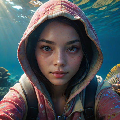 Realistic selfie image of a Chinese, wearing a vintage outfit, detailed dreamy eyes, droopy hooded eyes, staring at the camera, taken underwater at coral reef with a sunbeam filtering through the water, vibrant, summer vacation, natural lighting, turtle and school of tropical fish with vibrant colors, rendered in the style of CryEngine, Pegi Nicol MacLeod, with realistic genre scenes, hauntingly beautiful narratives, ultra-realism, and Thomas Saliot's close-up technique, 8K resolution, crystal clear and sparkling water.