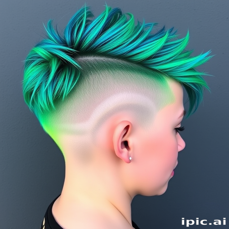 Edgy Neon Undercut pixie style with vibrant green roots fading into electric blue tips, paired with shaved sides featuring intricate geometric patterns