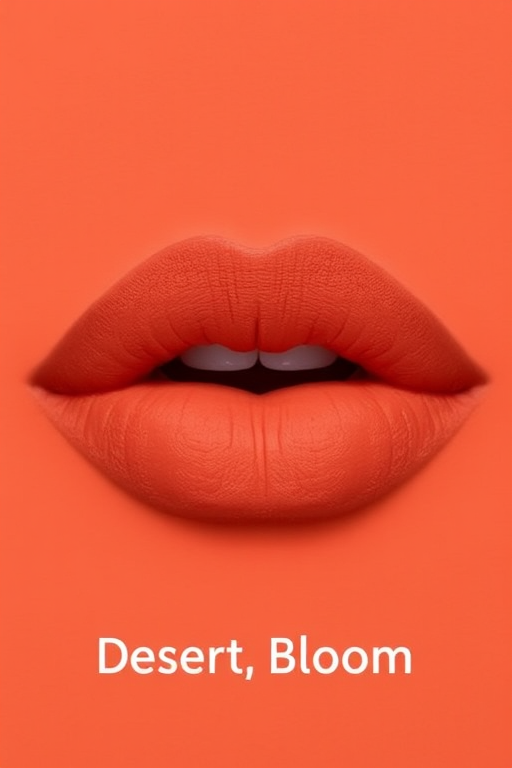 Matte terracotta lips with a suede-like texture, named "Desert Bloom," offer a warm, earthy tone and a comfortable, non-drying formula