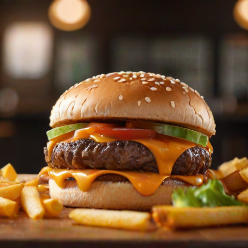 High-resolution, close-up image of a gourmet double cheeseburger. The burger features a glossy, sesame-seed-topped brioche bun. Inside, there are two thick, juicy beef patties, each topped with melted cheddar cheese. The burger is garnished with fresh lettuce, tomato slices, diced onions, and pickles. A generous amount of ketchup and a creamy, orange-colored sauce is dripping down the sides, adding to the mouth-watering appeal. In the background, there are blurred elements including a side of golden French fries and a hint of a beverage, enhancing the overall presentation of a delicious meal.