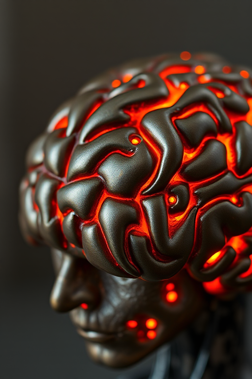 A highly detailed close-up of a glowing bronze brain sculpture with intricate circuitry and deep orange illumination, shot at f/2.8, ISO 100, shutter speed 1/60s, professional DSLR camera, macro lens, natural lighting, emphasizing texture and clarity.