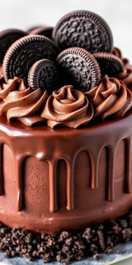 Chocolate Oreo cake with a smooth chocolate ganache drip on the sides topped with swirls of chocolate frosting and whole Oreo cookies arranged around the top edge, with crushed Oreo crumbs on the base.