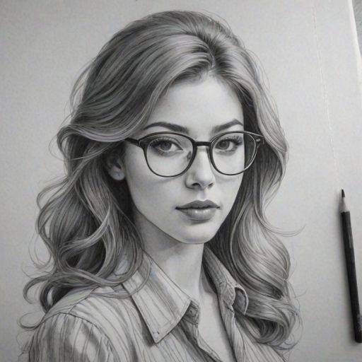 Fascinating Elena Satine, pencil sketch, portrait of Charming woman 1978s in glasses, hair style beatnik, outline, clear lines, fine lines, 8k
