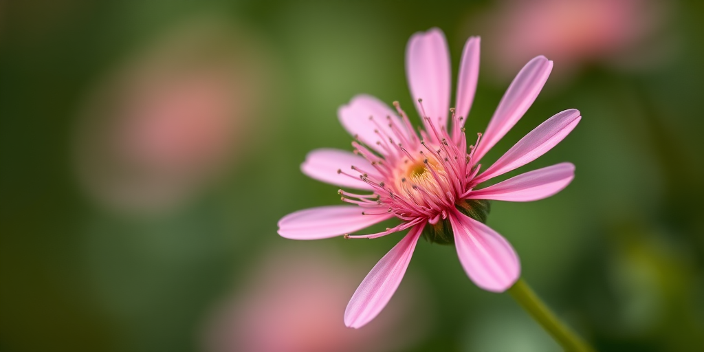macro shot of a pink blooming Mimosa pudica flower with blurred green background, aperture f/2.8, shutter speed 1/200s, ISO 100, 100mm lens, natural soft lighting, DSLR camera